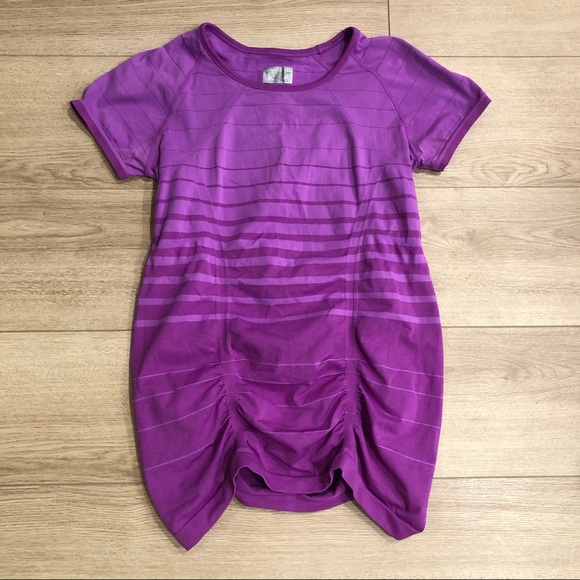 Athleta Tops - Athleta Purple Striped Short Sleeve Crew Neck Cinched Front Activewear Top Sz L